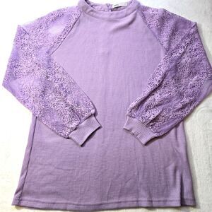 Miholl Ribbed Crew Neck Lace Long Sleeve Loose Blouse Womens Size M Purple
